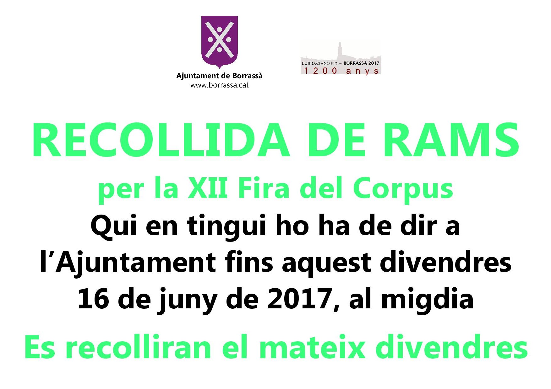 Recoollida de rams per Corpus: el divendres 16 de juny a la tarda. Cal apuntar-se a l'Ajuntament.